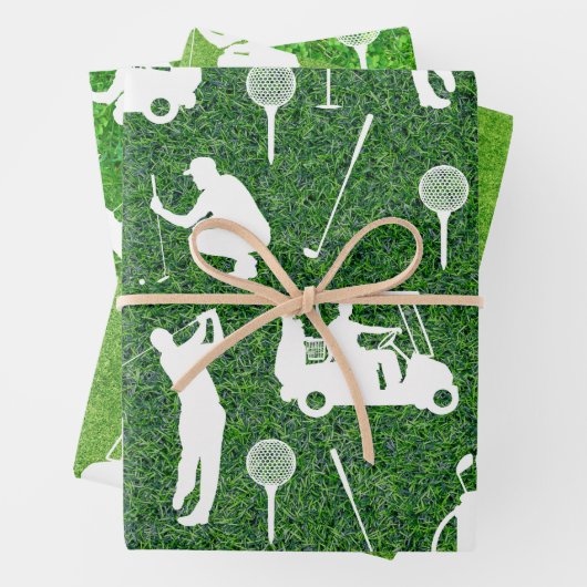 Golf-Muster mit Golfer und Golfwagen auf Grün Geschenkpapier Set (Beispiel)