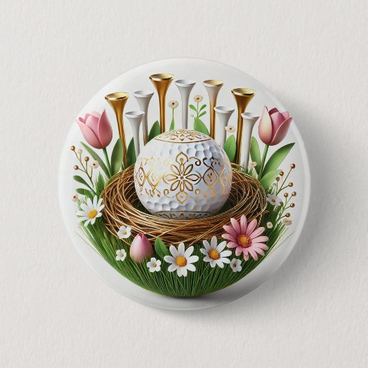 Golf Osterferienkarte mit Golfball und Blume Button (Vorderseite)