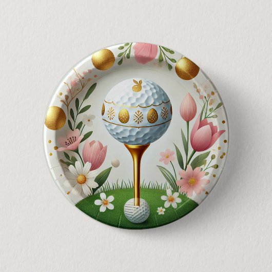 Golf Osterferienkarte mit Golfball und Blume Button (Vorderseite)