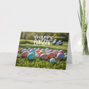 Golf Ostern mit Schläger und Golfbällen auf Grün Feiertagskarte