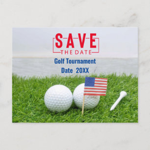 Golf Outing Save the Date mit der Flagge Amerikas Feiertagspostkarte