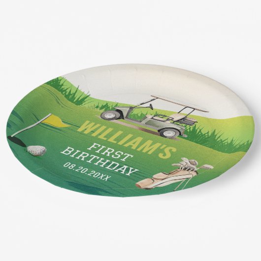 Golf Par T-Shirt Hole in One Boy Birthday Pappteller (Schrägansicht)