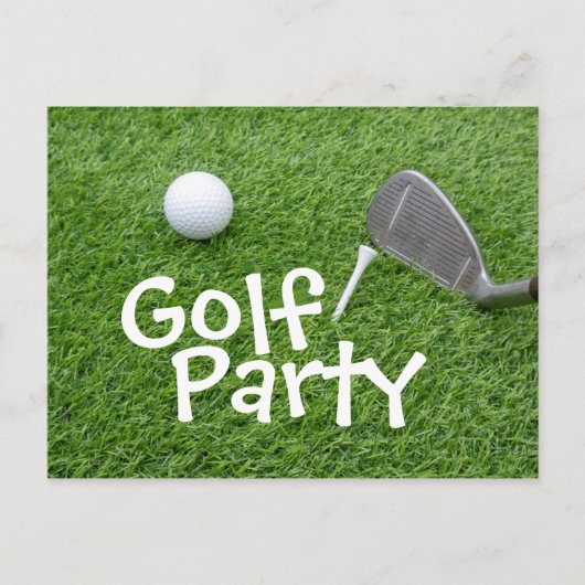 Golf Party mit Golfball und Abschlag auf grünem Ra Einladungspostkarte (Vorderseite)