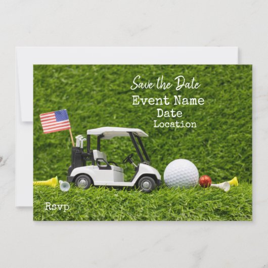 Golf Party mit Golfwagen und Flagge Amerikas Save The Date (Vorderseite)
