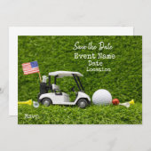 Golf Party mit Golfwagen und Flagge Amerikas Save The Date (Vorne/Hinten)