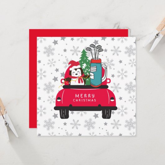 Golf Pinguin Golfer mit Golfwagen Frohe Weihnachte Karte (Vorderseite/Rückseite Beispiel)