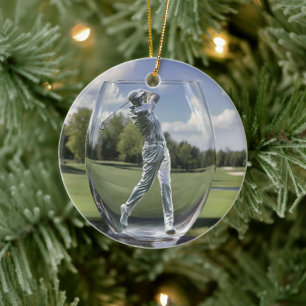 Golf-Player in einem Glas-Tumbler mit Golfplatz, Keramik Ornament
