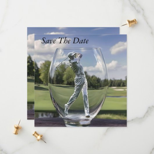 Golf-Player in einem Glas-Tumbler mit Golfplatz, Save The Date (Vorderseite/Rückseite Beispiel)
