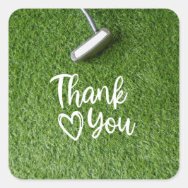 Golf putter  are on green grass Thank you Quadratischer Aufkleber
