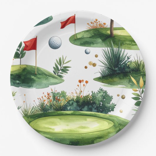 Golf Putting Green mit roter Flagge Pappteller (Vorderseite)