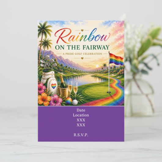 Golf Regenbogen auf dem Fairway Pride Golf Feier Einladung (Stehend Vorderseite)
