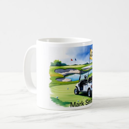 Golf-Rente mit Golfwagen auf grüne Kaffeetasse (Vorderseite Links)