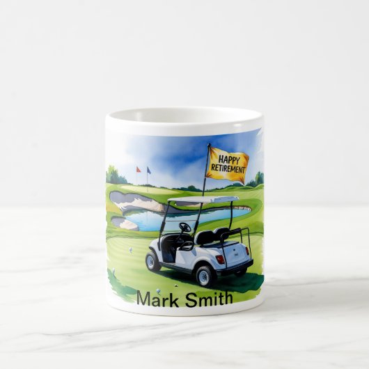 Golf-Rente mit Golfwagen auf grüne Kaffeetasse (Mittel)