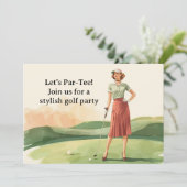 Golf Retro Golf Chic: Golferin am Grün Einladung (Stehend Vorderseite)