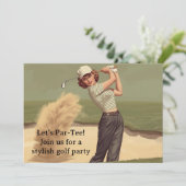 Golf Retro Golf Chic: Golferin am Grün Einladung (Stehend Vorderseite)