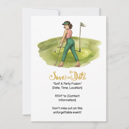Golf Retro Golf Chic: Golferin am Grün Einladung (Vorderseite)