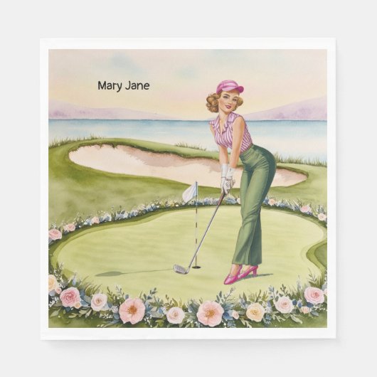 Golf Retro Golf Chic: Golferin am Grün Serviette (Vorderseite)