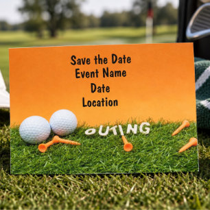 Golf rettet das Datum mit Golfball auf Orange Postkarte
