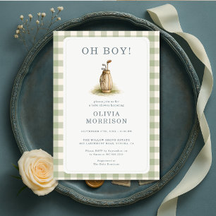 Golf Sage Green Oh Boy Gingham Babyparty-Einladung Einladung
