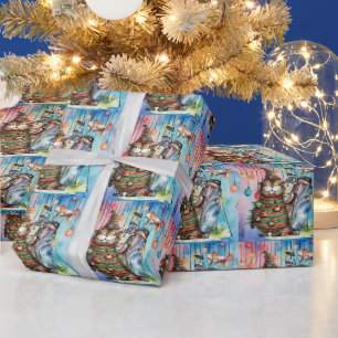 Golf Santa Cat mit Tasche Weihnachten Hintergrund Geschenkpapier