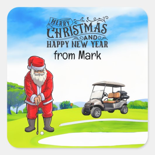 Golf Santa Claus golfen zu Weihnachten Quadratischer Aufkleber (Vorderseite)