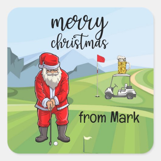 Golf Santa Claus golfen zu Weihnachten Quadratischer Aufkleber (Vorderseite)