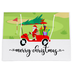 Golf Santa Claus reiten roten Karren Weihnachtsbau Große Geschenktüte