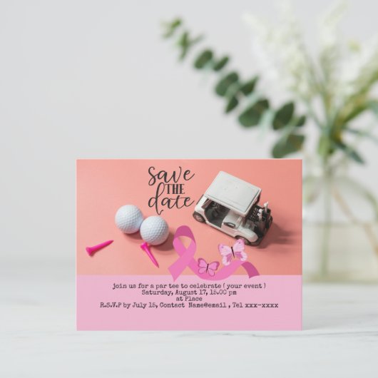 Golf Save the Date Brustkrebs-Bewusstsein pink Postkarte (Stehend Vorderseite)