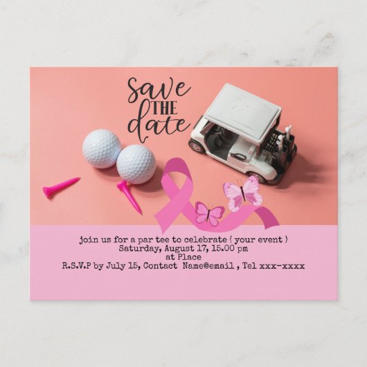 Golf Save the Date Brustkrebs-Bewusstsein pink Postkarte (Vorderseite)
