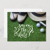 Golf Save the Date für Golfer Party mit Golfball Einladungspostkarte (Vorne/Hinten)