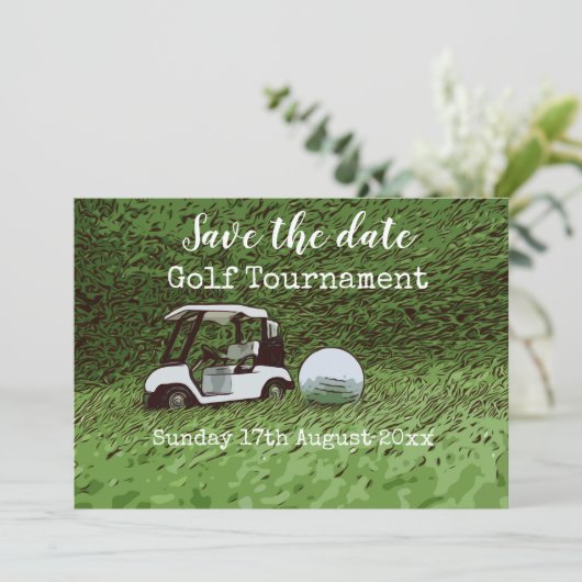Golf Save the Date für Golfturniere mit Karren (Stehend Vorderseite)
