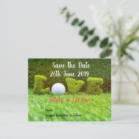 Golf Save the Date für Hochzeiten mit Golfball Einladungspostkarte (Stehend Vorderseite)
