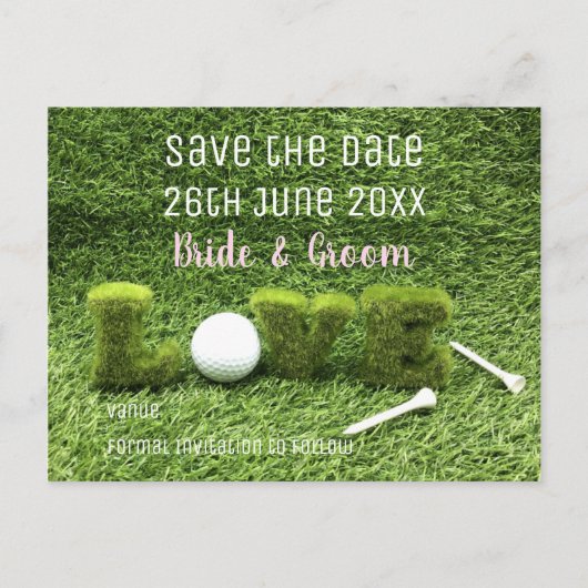 Golf Save the Date für Hochzeiten mit Golfball Einladungspostkarte (Vorderseite)