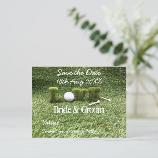 Golf Save the Date für Hochzeiten mit Golfball Einladungspostkarte (Stehend Vorderseite)