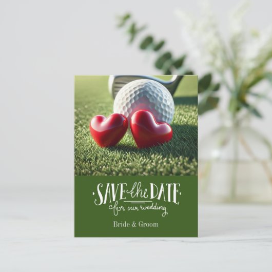 Golf Save the Date für Hochzeitsbräune Postkarte (Stehend Vorderseite)