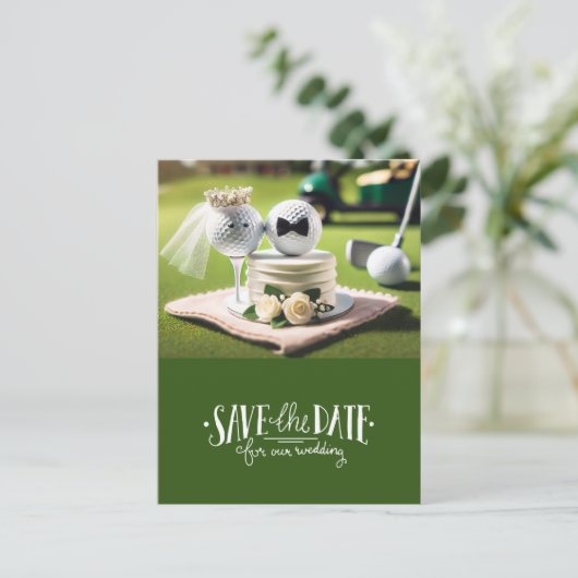 Golf Save the Date für Hochzeitsbräune Postkarte (Stehend Vorderseite)