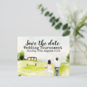 Golf Save the Date Golf Hochzeitsturnier Ankündigungspostkarte (Stehend Vorderseite)