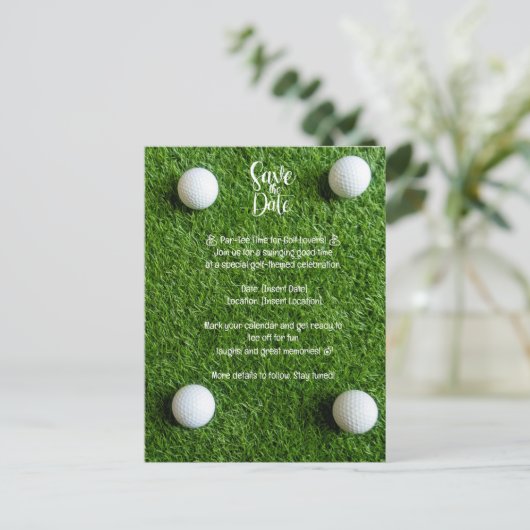 Golf Save the Date: Golf-Themenwelt Party Einladun Postkarte (Stehend Vorderseite)