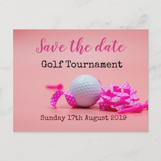 Golf Save the Date Golf Turnier auf rosa Ankündigungspostkarte (Vorderseite)