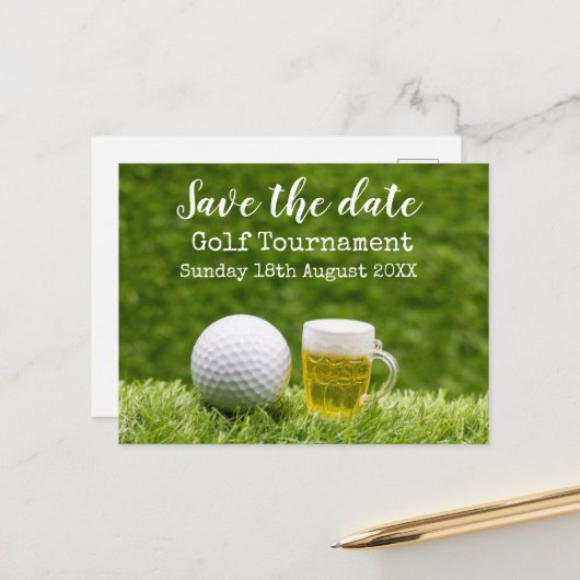 Golf Save the Date Golf Turnier mit Bier Ankündigungspostkarte (Vorderseite/Rückseite Beispiel)