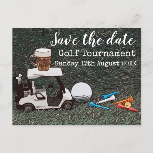 Golf Save the Date Golf Turnier mit Cart Beer Ankündigungspostkarte (Vorderseite)