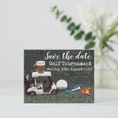 Golf Save the Date Golf Turnier mit Cart Beer Ankündigungspostkarte (Stehend Vorderseite)