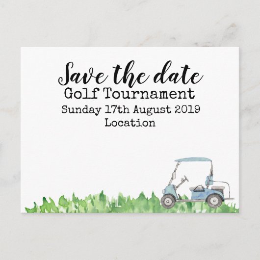 Golf Save the Date Golf Turnier mit Golfwagen Ankündigungspostkarte (Vorderseite)