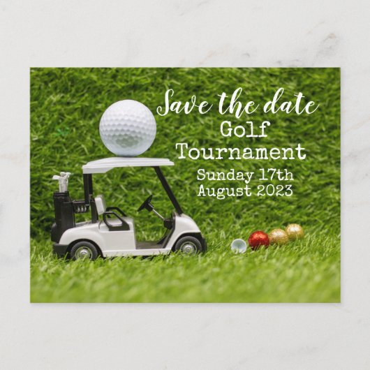 Golf Save the Date Golf Turnier mit Golfwagen Ankündigungspostkarte (Vorderseite)