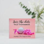 Golf Save the Date Golf Turnier mit rosa Thema Ankündigungspostkarte (Stehend Vorderseite)