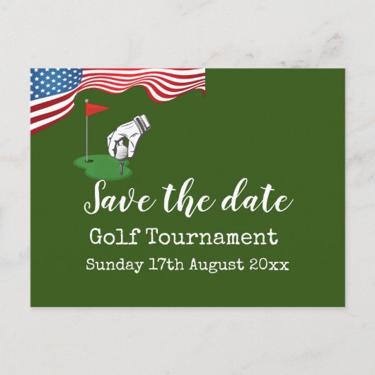 Golf Save the Date Golf Turnier mit U.S.A.Flag Ankündigungspostkarte (Vorderseite)