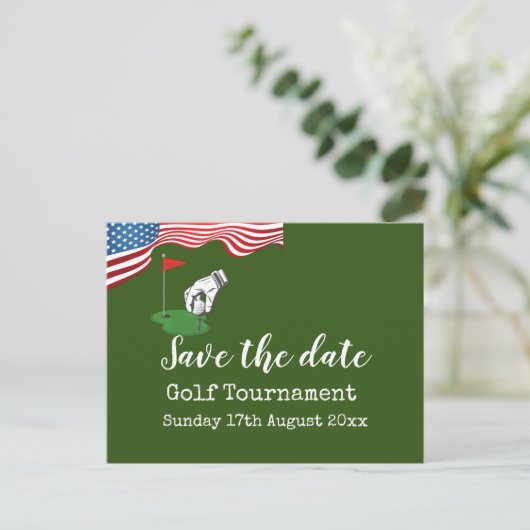 Golf Save the Date Golf Turnier mit U.S.A.Flag Ankündigungspostkarte (Stehend Vorderseite)