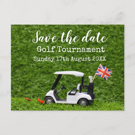 Golf Save the Date Golf Turnier Union Jack Flag Ankündigungspostkarte (Vorderseite)