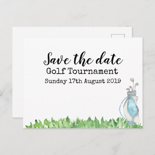 Golf Save the Date Golfturnier mit Golftasche Ankündigungspostkarte (Vorne/Hinten)