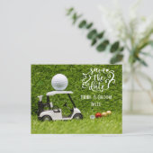 Golf Save the Date Golfwagen und Ball auf Grün Postkarte (Stehend Vorderseite)